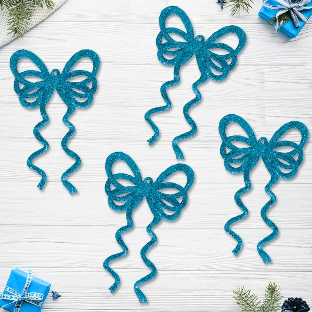 Fancy Blue Glitter Christmas Bows For Hanging Decor -  6 PC
