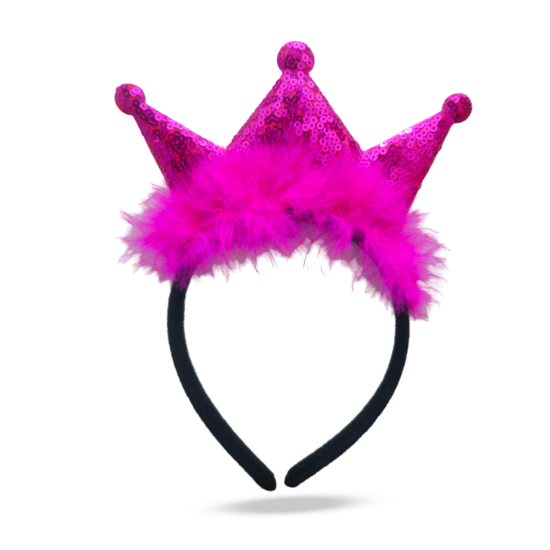 Pink Princess Stuffed Crown Sequin Marabou Headband - 1Pc