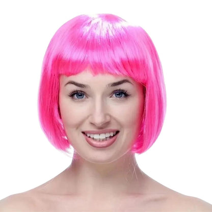 Pink Bob Wig with Bangs Short Blunt Cut Wig for Women Pink Straight Hair Blunt Wig for Halloween Cosplay Party