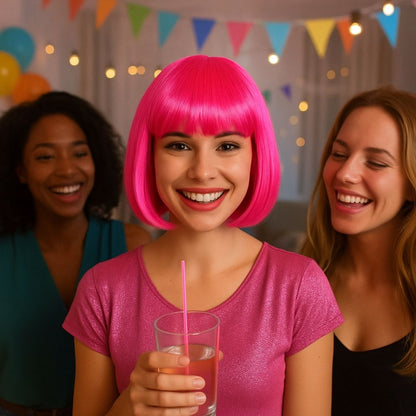 Pink Bob Wig with Bangs Short Blunt Cut Wig for Women Pink Straight Hair Blunt Wig for Halloween Cosplay Party