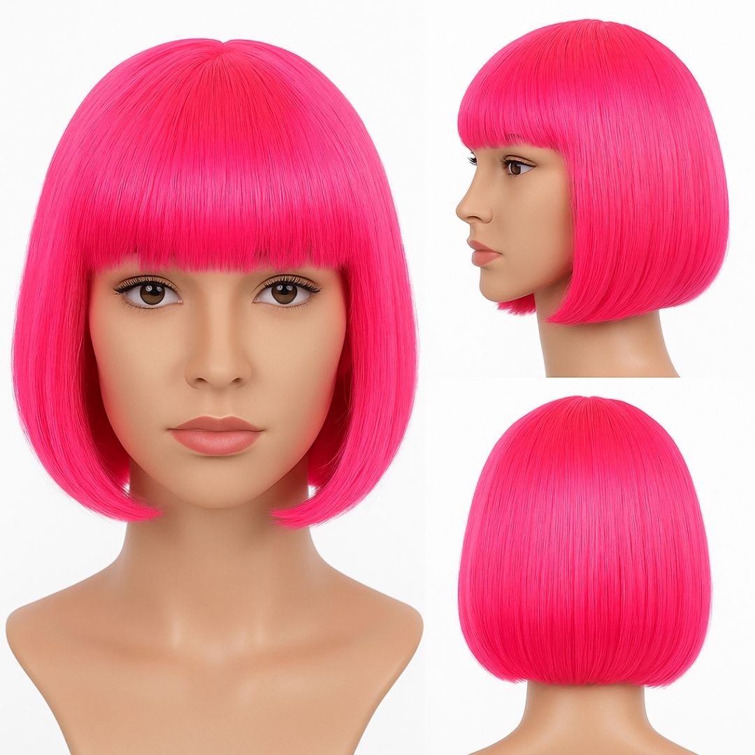 Pink Bob Wig with Bangs Short Blunt Cut Wig for Women Pink Straight Hair Blunt Wig for Halloween Cosplay Party