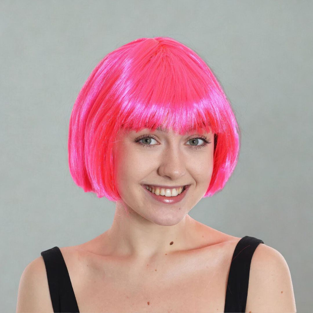 Pink Bob Wig with Bangs Short Blunt Cut Wig for Women Pink Straight Hair Blunt Wig for Halloween Cosplay Party