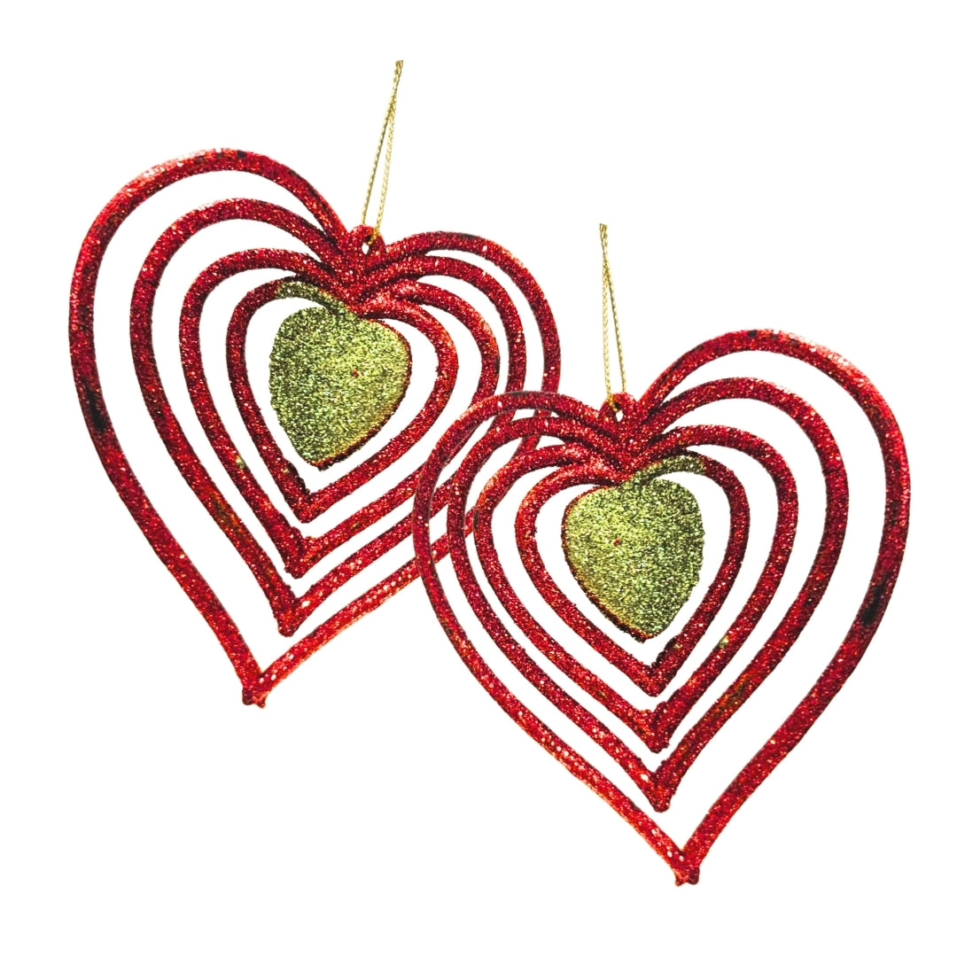 Christmas Tree Ornaments - 3D Heart Red & Green Hangings - 2PC