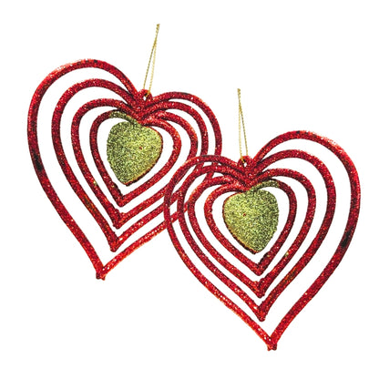Christmas Tree Ornaments - 3D Heart Red & Green Hangings - 2PC