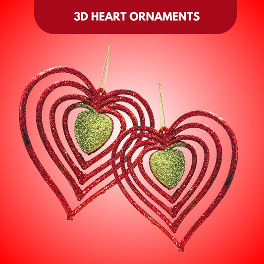 Christmas Tree Ornaments - 3D Heart Red & Green Hangings - 2PC