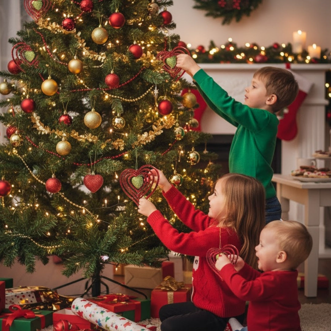 Christmas Tree Ornaments - 3D Heart Red & Green Hangings - 2PC