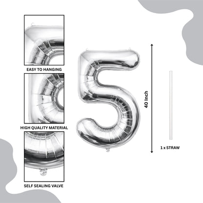 Silver Number 5 Foil Balloon 40 Inch  Air Filled Pack of 1