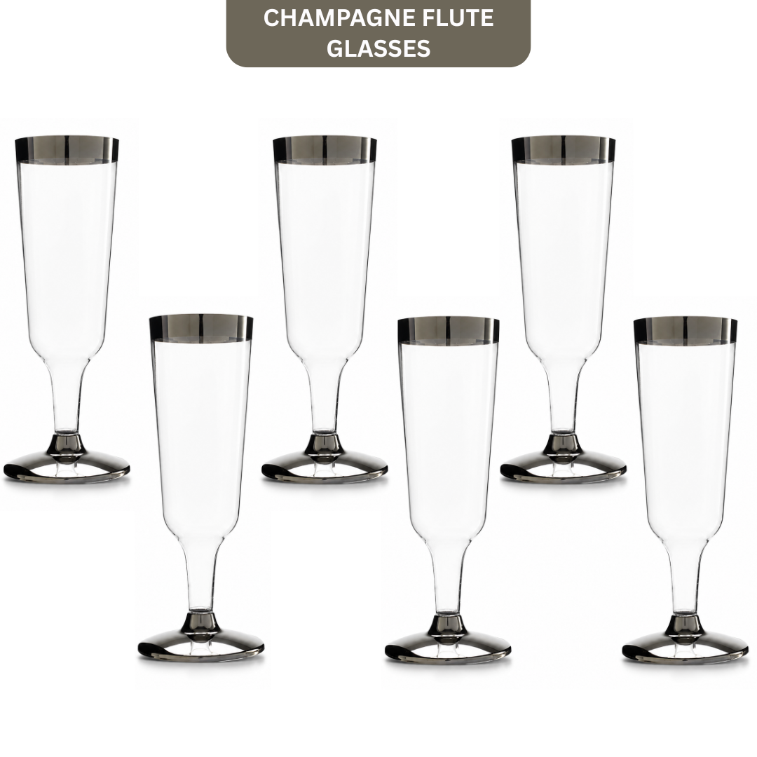Clear Champagne Flute Glasses with Silver Rim - 6P