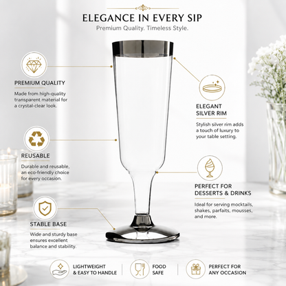Clear Champagne Flute Glasses with Silver Rim - 6P