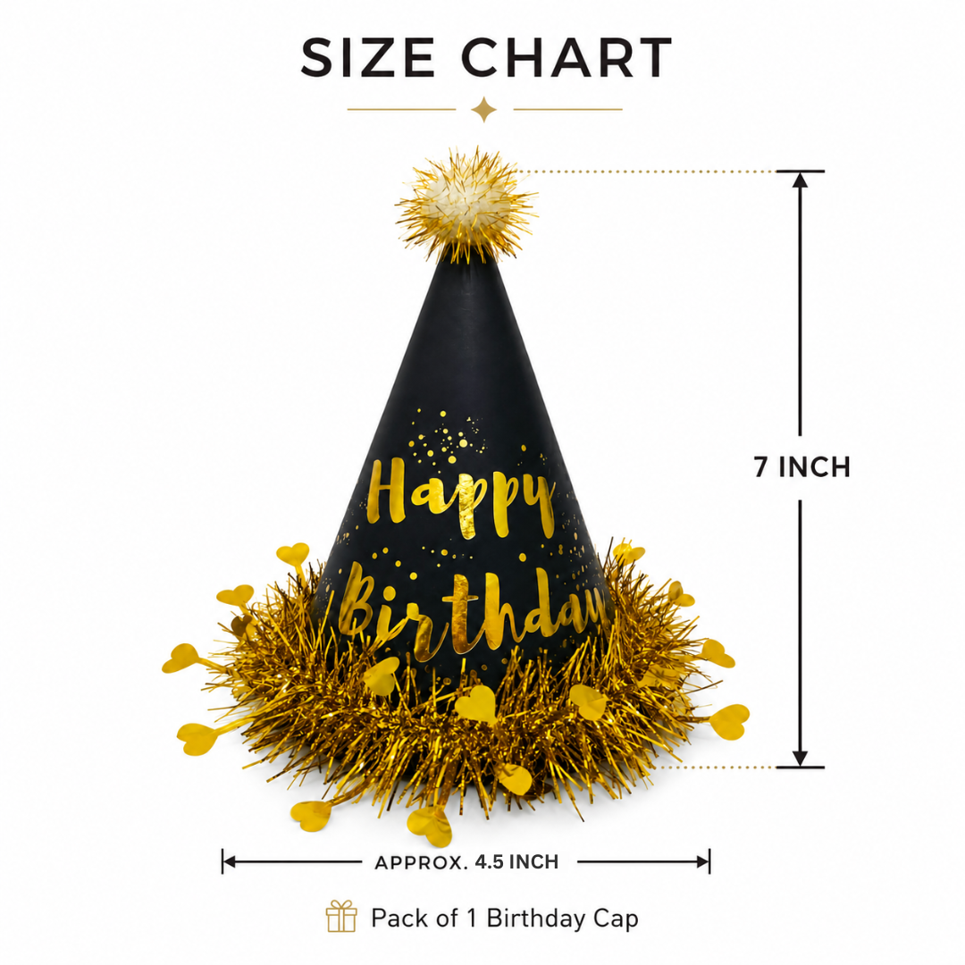 Black & Gold Happy Birthday Caps, Birthday Hats for Kids and Adults-Pack of 1