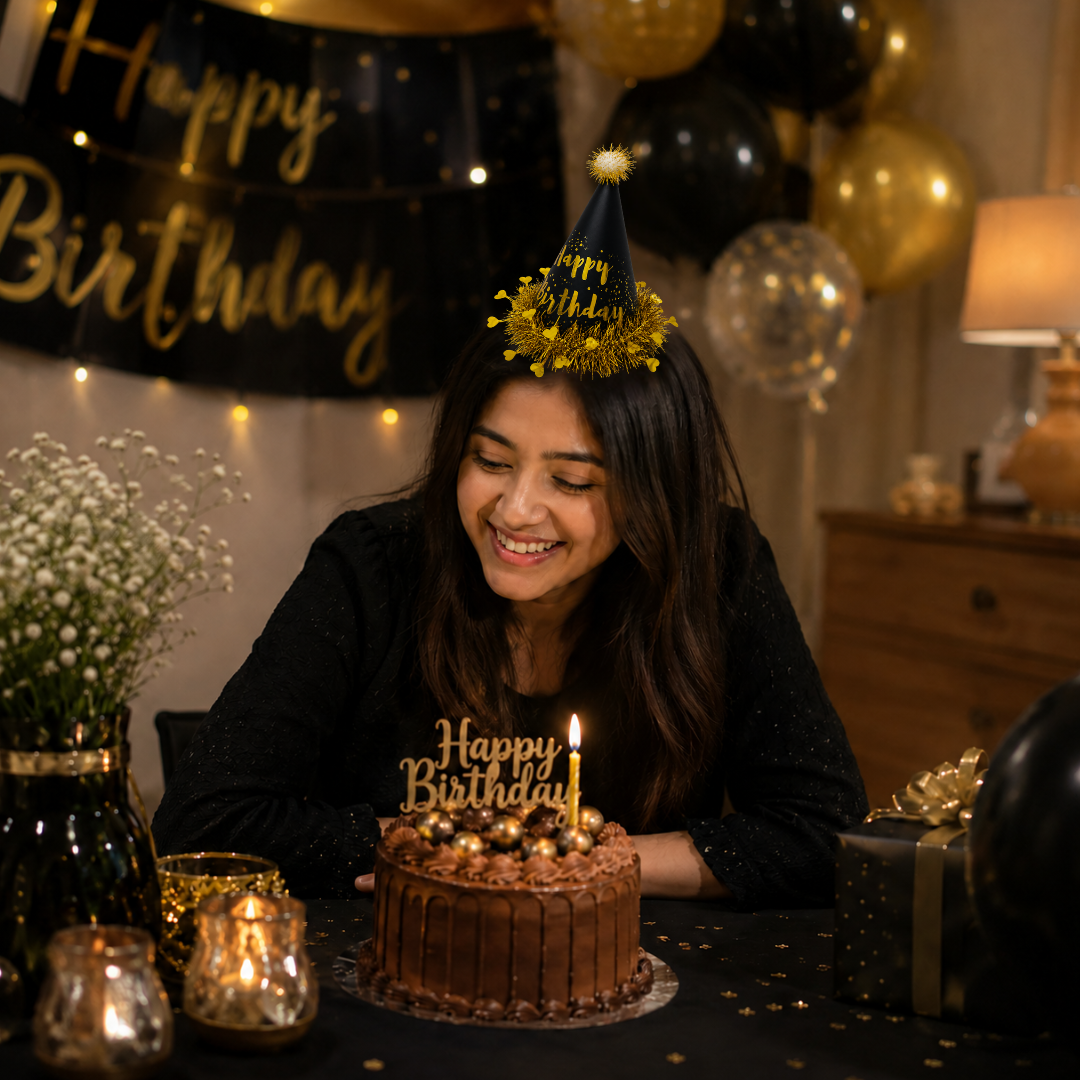 Black & Gold Happy Birthday Caps, Birthday Hats for Kids and Adults-Pack of 1