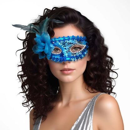 Blue Sequin Eye Mask with Blue Flower