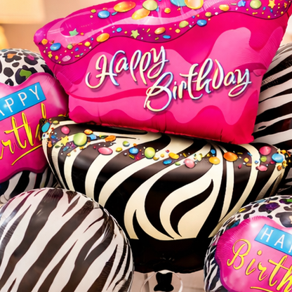 Happy Birthday Pink & Black Zebra Stripes Balloon