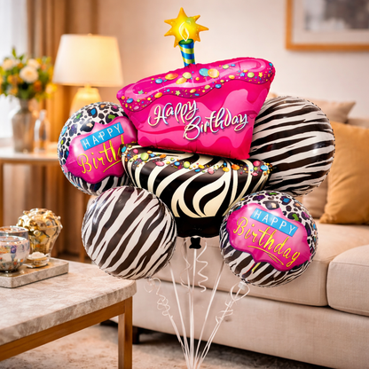 Happy Birthday Pink & Black Zebra Stripes Balloon