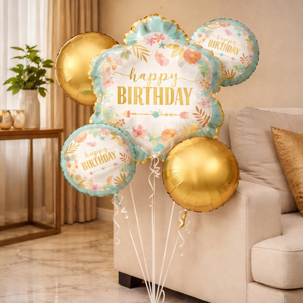 Boho Happy Birthday Helium Filled Balloon Bouquet Set of 5