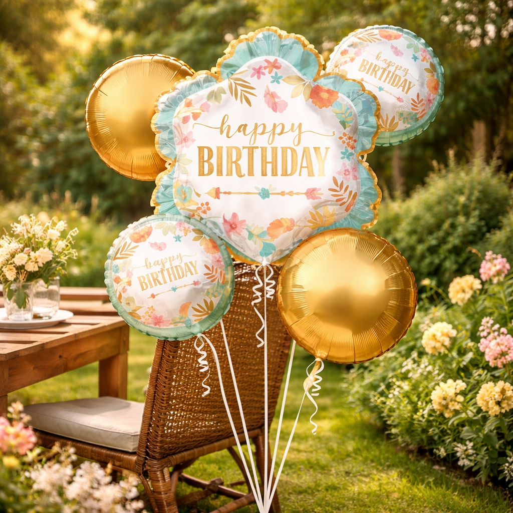Boho Happy Birthday Helium Filled Balloon Bouquet Set of 5