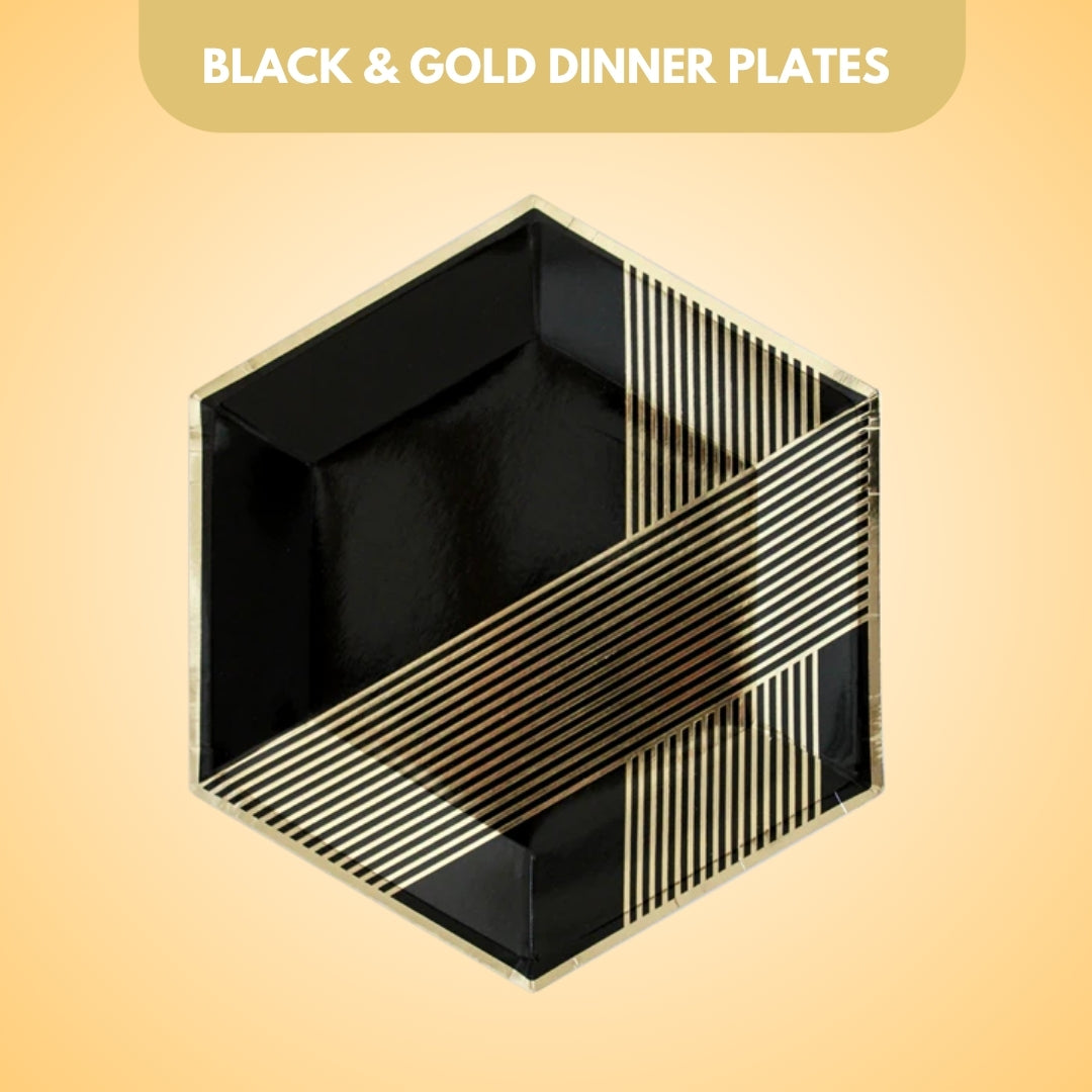 Hexagon Shaped Gold & Black Paper Plates - 9 inches - 10PC