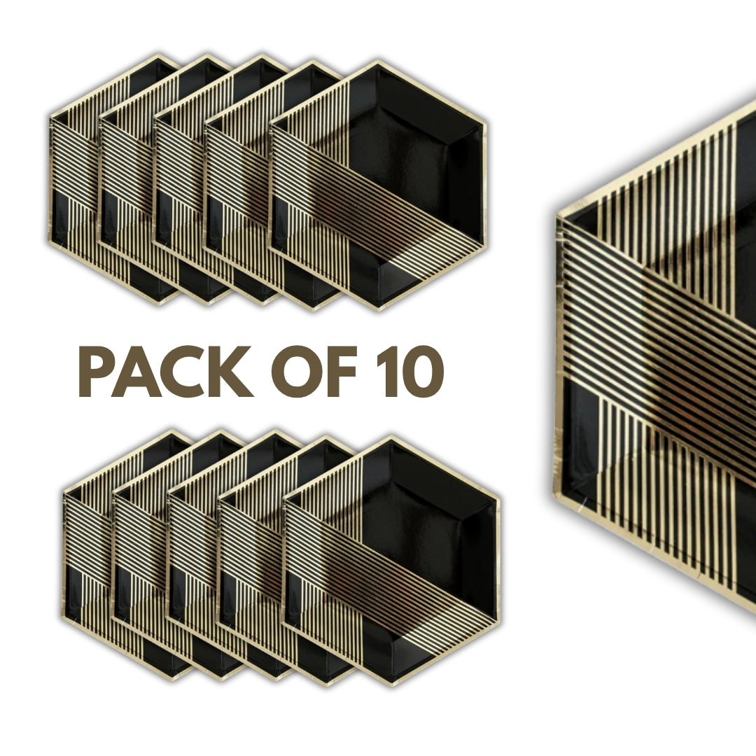 Hexagon Shaped Gold & Black Paper Plates - 9 inches - 10PC