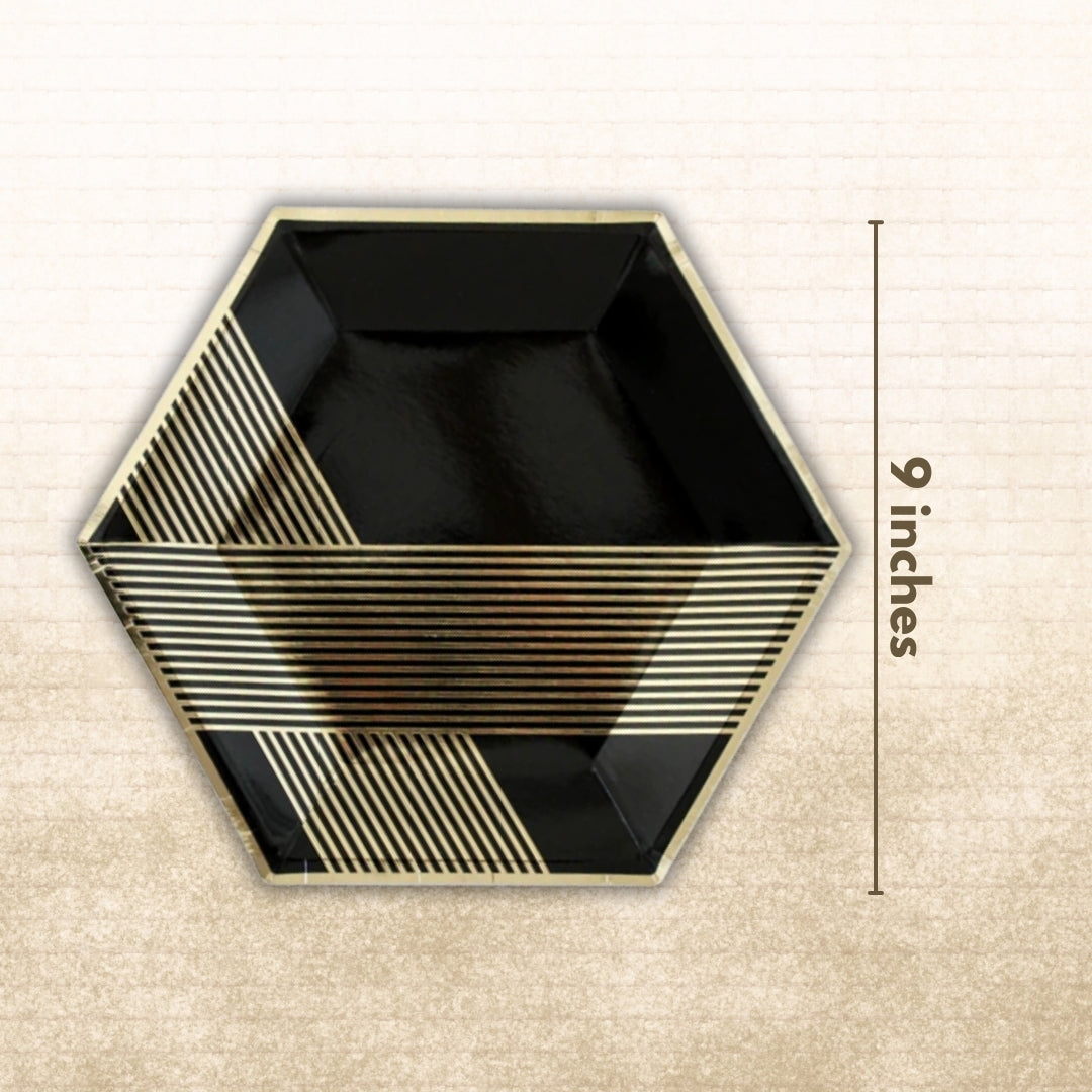 Hexagon Shaped Gold & Black Paper Plates - 9 inches - 10PC