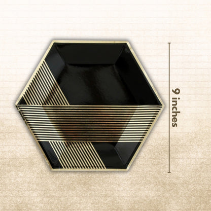 Hexagon Shaped Gold & Black Paper Plates - 9 inches - 10PC