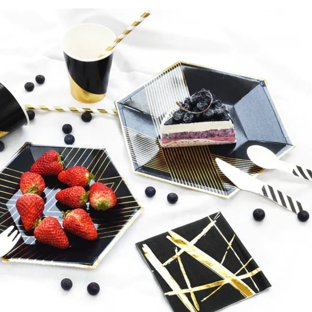 Hexagon Shaped Gold & Black Paper Plates - 9 inches - 10PC