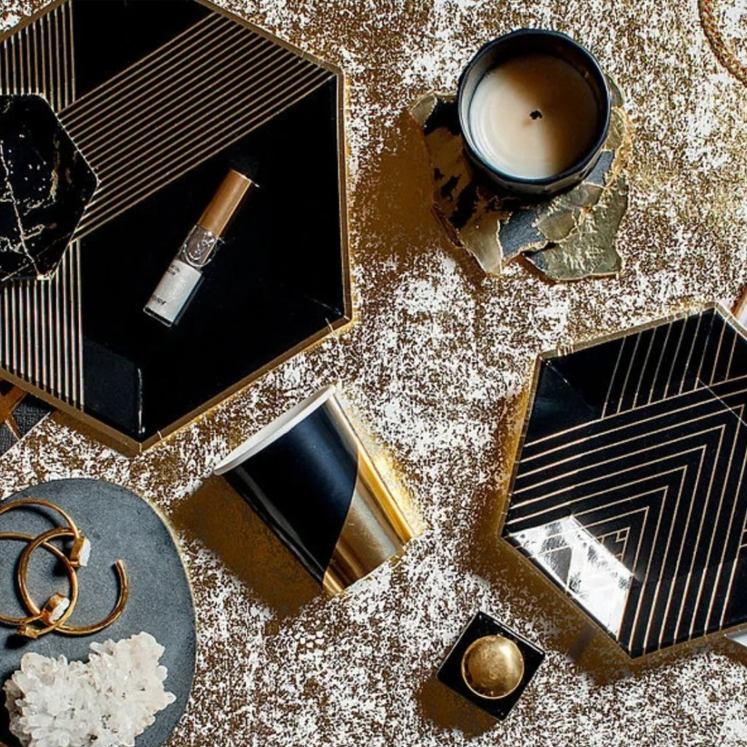 Hexagon Shaped Gold & Black Paper Plates - 9 inches - 10PC