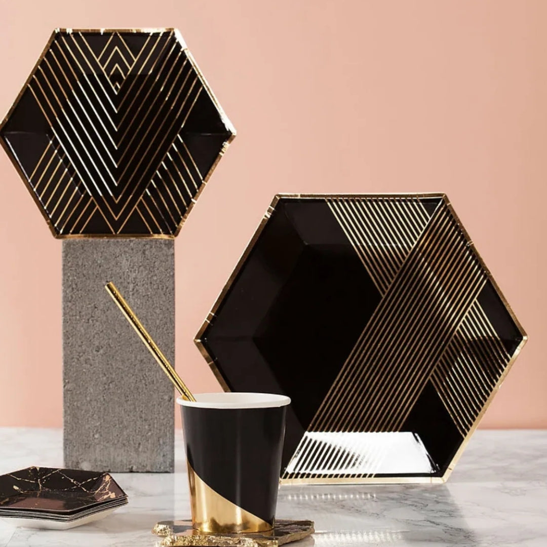 Hexagon Shaped Gold & Black Paper Plates - 9 inches - 10PC