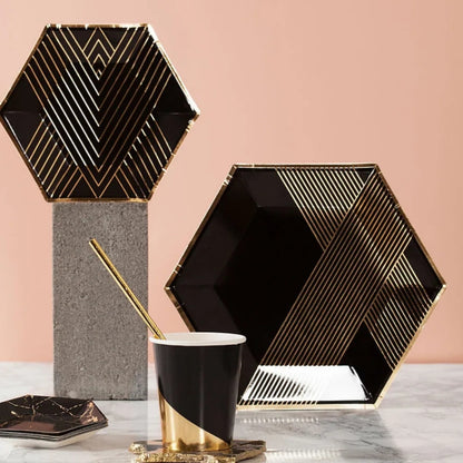 Hexagon Shaped Gold & Black Paper Plates - 9 inches - 10PC