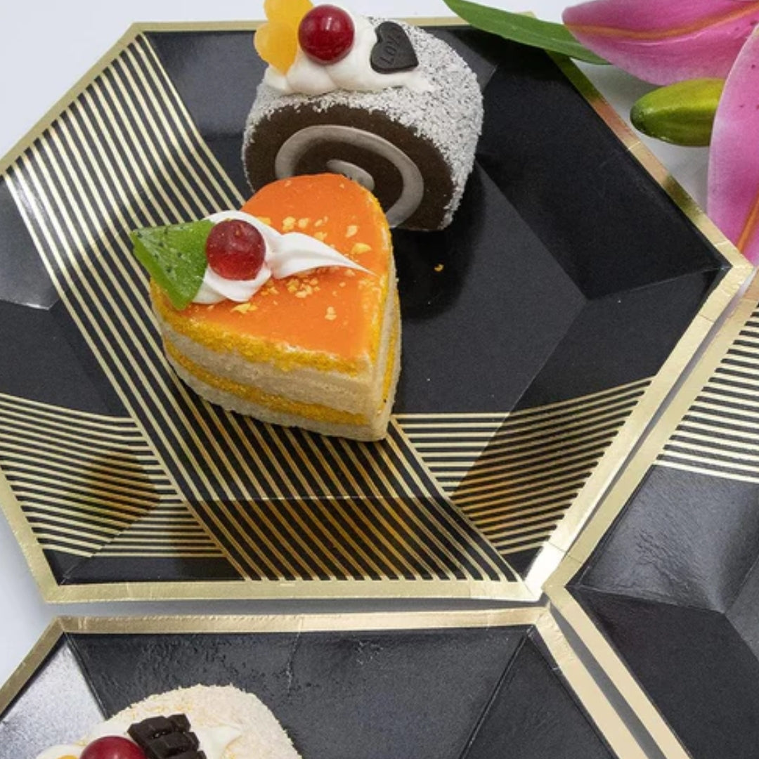 Hexagon Shaped Gold & Black Paper Plates - 9 inches - 10PC
