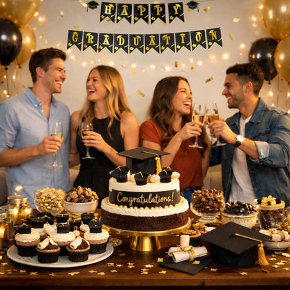 Happy Graduation Hat Banner Black & Gold