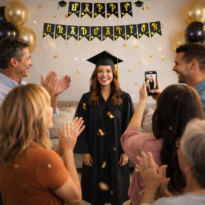 Happy Graduation Hat Banner Black & Gold