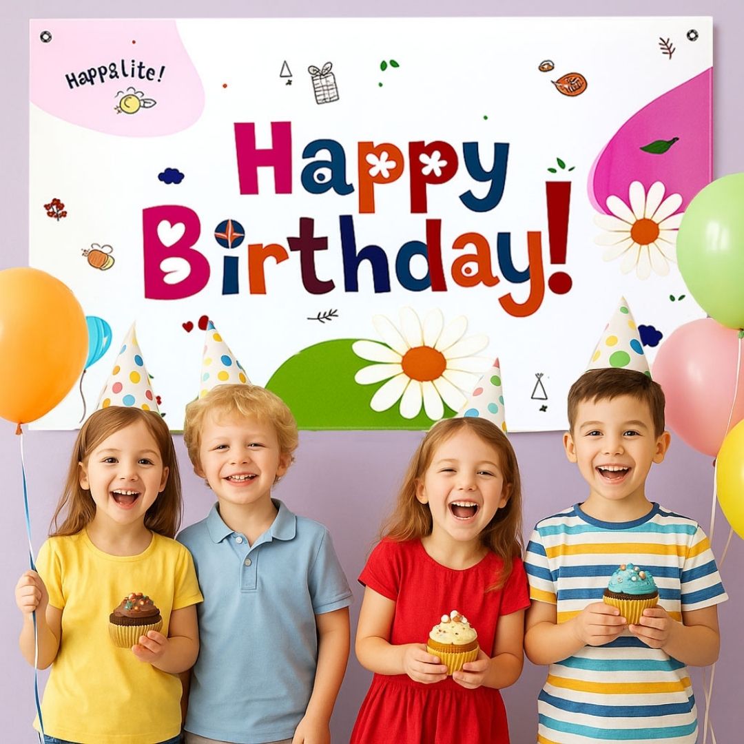 Happy Birthday Floral Print Banner - 4FTX2FT