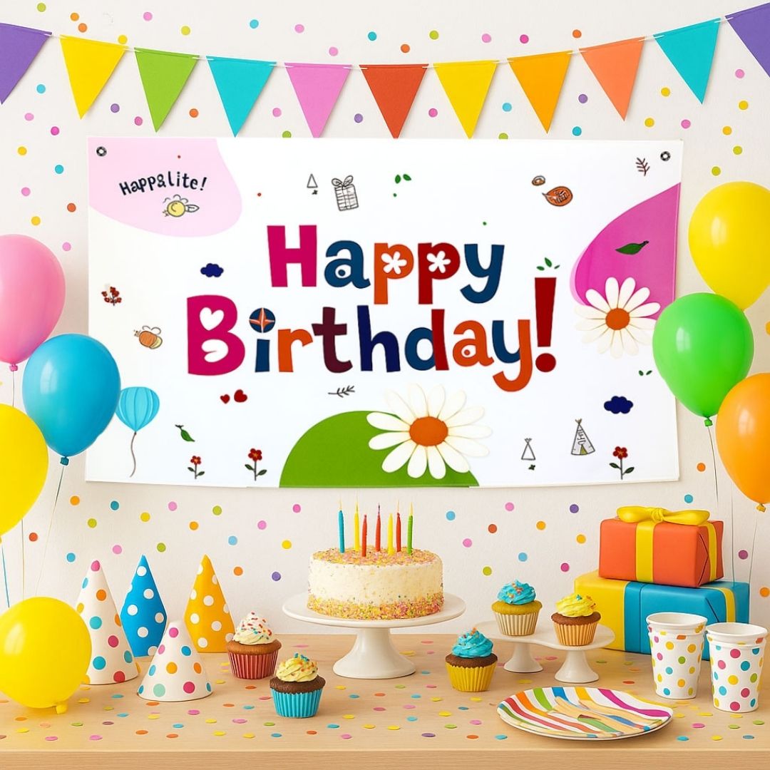 Happy Birthday Floral Print Banner - 4FTX2FT