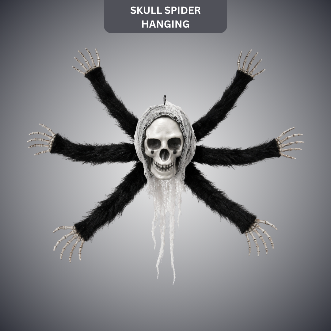Hanging Skull Spider Decoration with Black Legs for Halloween & Theme Party Décor – 1FT – 1PC