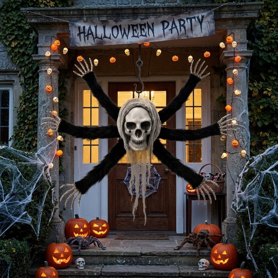 Hanging Skull Spider Decoration with Black Legs for Halloween & Theme Party Décor – 1FT – 1PC