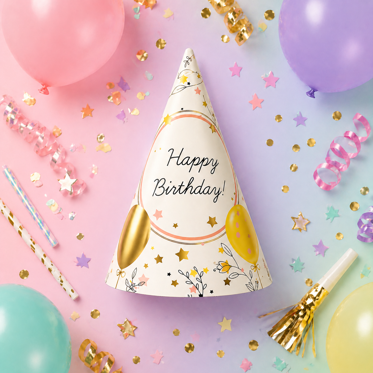 Happy Birthday Celebration Pastel Color Balloon Hats  for Party Guests - 8PC