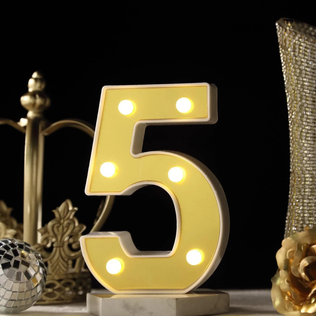 No.5 LED Golden Marquee, Light Up Marquee Number Sign for Weddings, Birthday, Christmas,Room Decoration,Bar Decoration, Battery Powered
