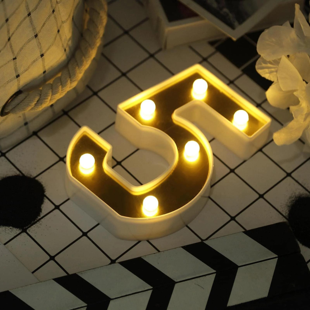 No.5 LED Golden Marquee, Light Up Marquee Number Sign for Weddings, Birthday, Christmas,Room Decoration,Bar Decoration, Battery Powered