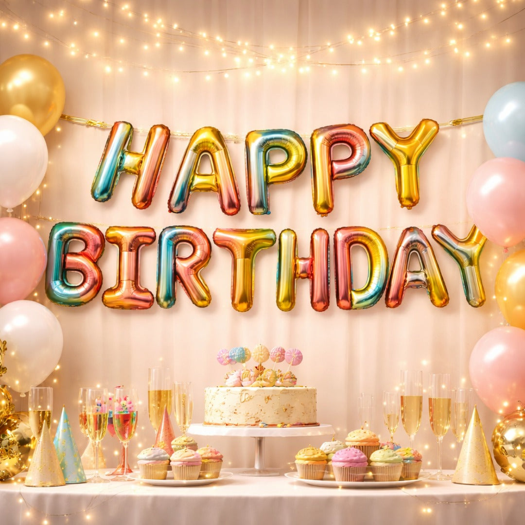 Iridescent Rainbow Color Happy Birthday Letter Balloons