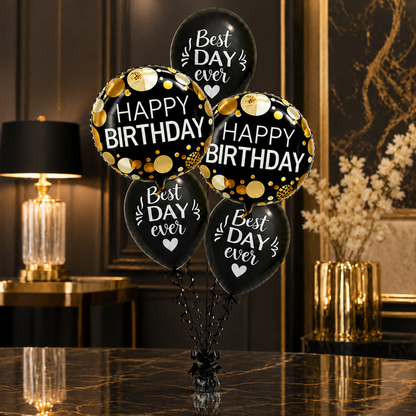 Best Day Ever Happy Birthday Black & White Balloon Set of 5 (Helium Filled & Delivered Inflated) | Birthday Decoration Balloons