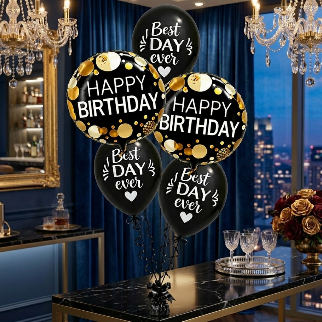 Best Day Ever Happy Birthday Black & White Balloon Set of 5 (Helium Filled & Delivered Inflated) | Birthday Decoration Balloons