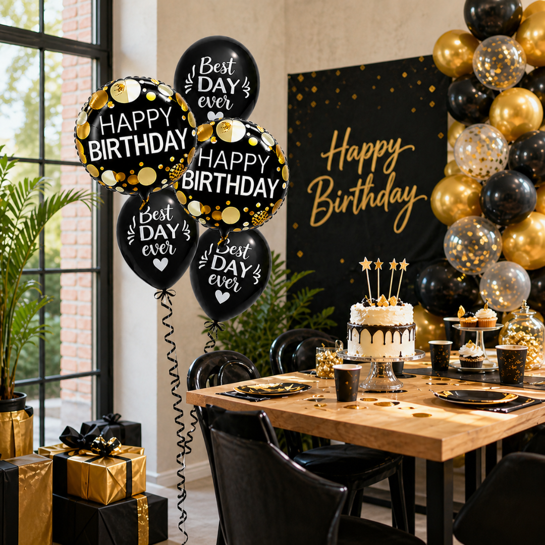 Best Day Ever Happy Birthday Black & White Balloon Set of 5 (Helium Filled & Delivered Inflated) | Birthday Decoration Balloons
