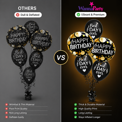 Best Day Ever Happy Birthday Black & White Balloon Set of 5 (Helium Filled & Delivered Inflated) | Birthday Decoration Balloons