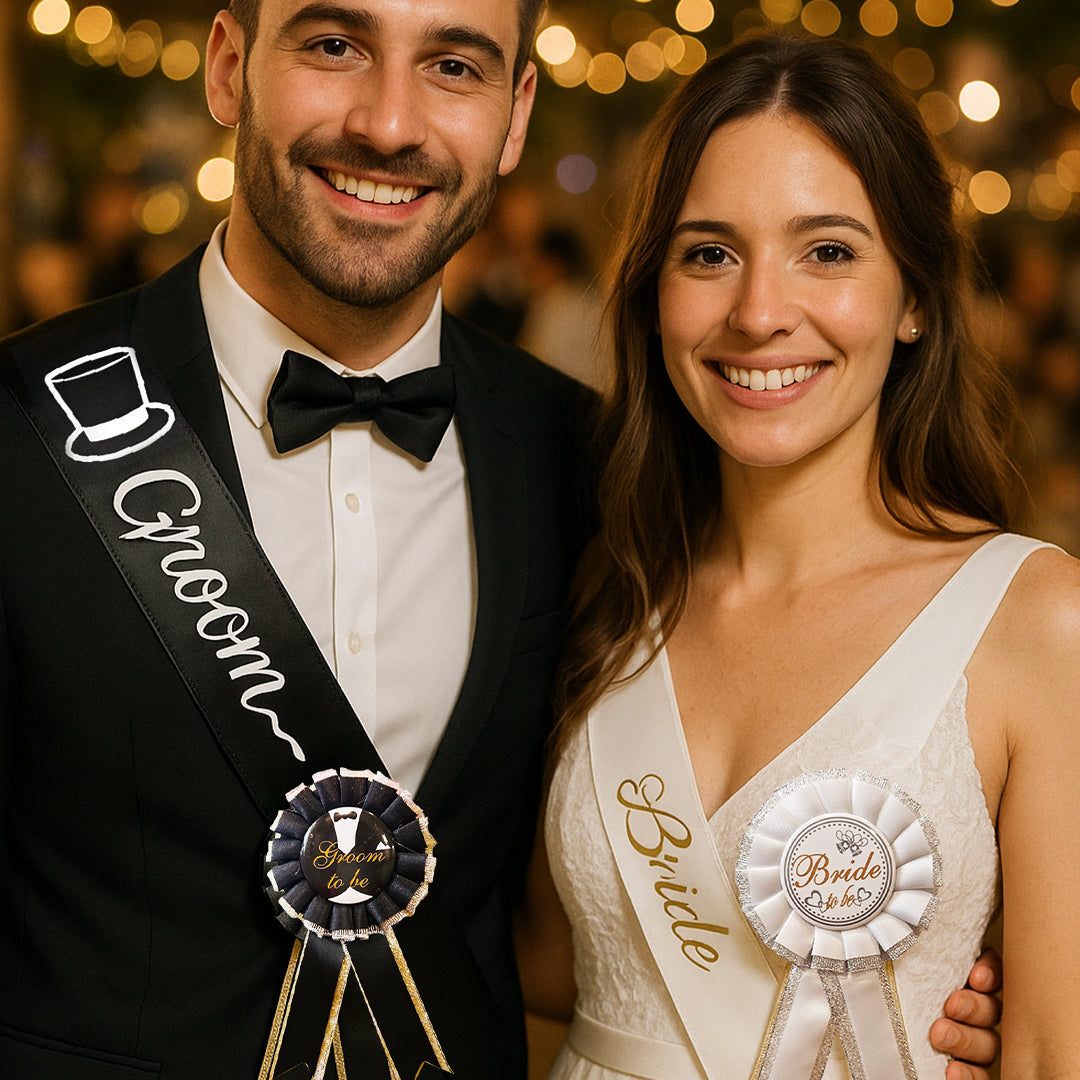 Bride & Groom Sash with Award Buttons Set - 4PC