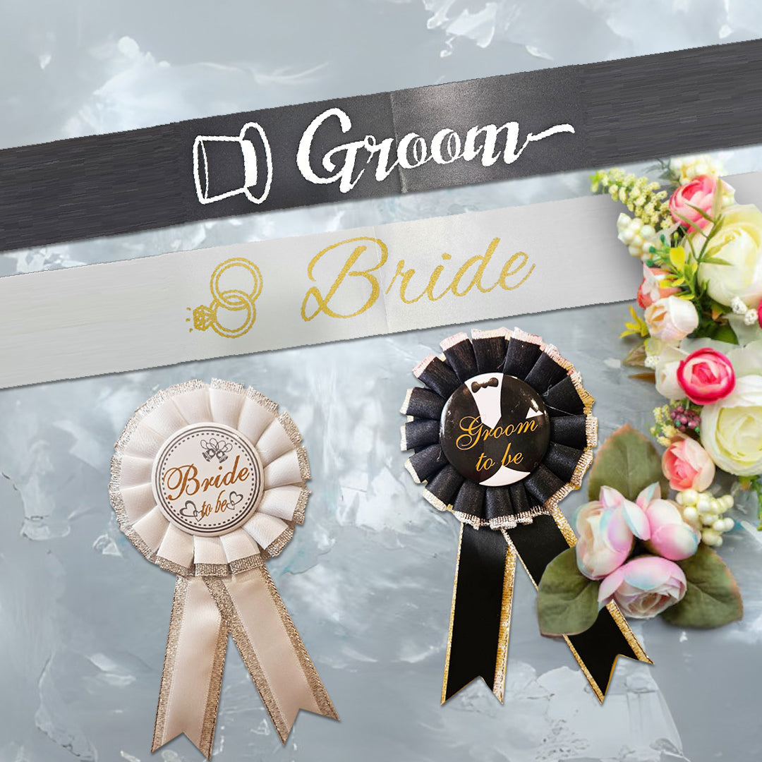 Bride & Groom Sash with Award Buttons Set - 4PC