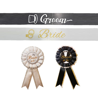 Bride & Groom Sash with Award Buttons Set - 4PC