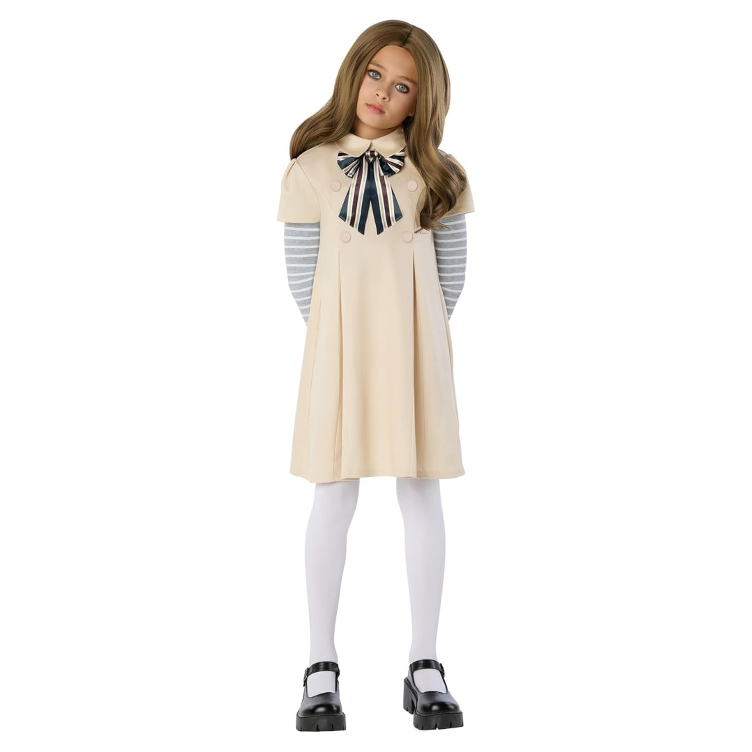 Megan Horror Movie Beige Fancy Costume w/ Grey & White Tshirt, Bow Tie and Stockings - Size L -  Age 7 to 9