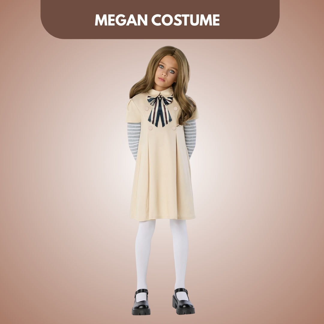 Megan Horror Movie Beige Fancy Costume w/ Grey & White Tshirt, Bow Tie and Stockings