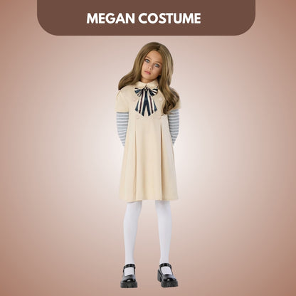 Megan Horror Movie Beige Fancy Costume w/ Grey & White Tshirt, Bow Tie and Stockings - Size L -  Age 7 to 9