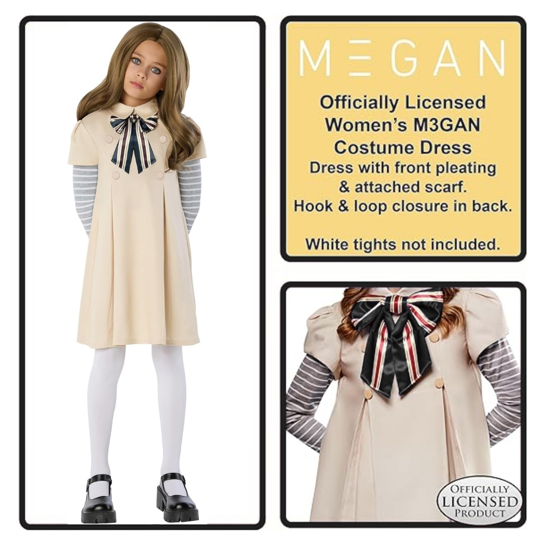 Megan Horror Movie Beige Fancy Costume w/ Grey & White Tshirt, Bow Tie and Stockings - Size L -  Age 7 to 9